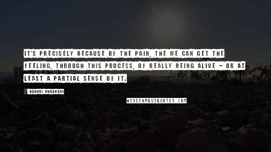 Haruki Murakami Quotes: It's precisely because of the pain, the we can get the feeling, through this process, of really being alive - or at least a partial sense of it.