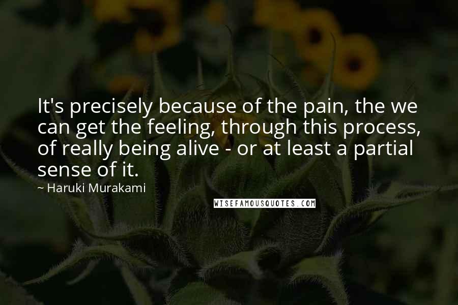 Haruki Murakami Quotes: It's precisely because of the pain, the we can get the feeling, through this process, of really being alive - or at least a partial sense of it.