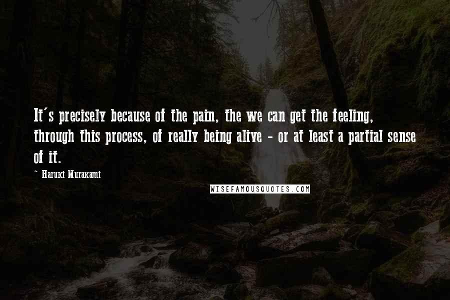 Haruki Murakami Quotes: It's precisely because of the pain, the we can get the feeling, through this process, of really being alive - or at least a partial sense of it.