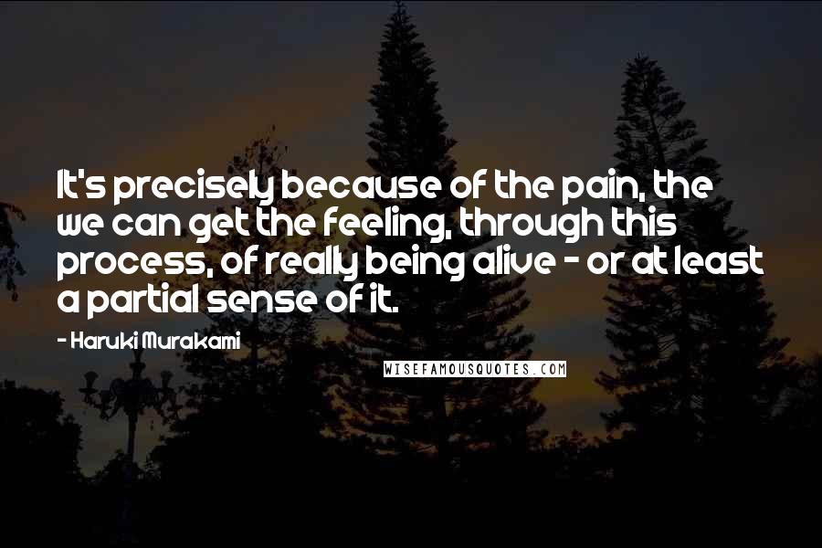 Haruki Murakami Quotes: It's precisely because of the pain, the we can get the feeling, through this process, of really being alive - or at least a partial sense of it.