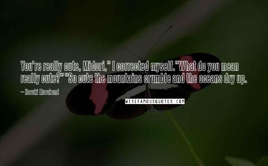 Haruki Murakami Quotes: You're really cute, Midori," I corrected myself."What do you mean really cute?""So cute the mountains crumble and the oceans dry up.