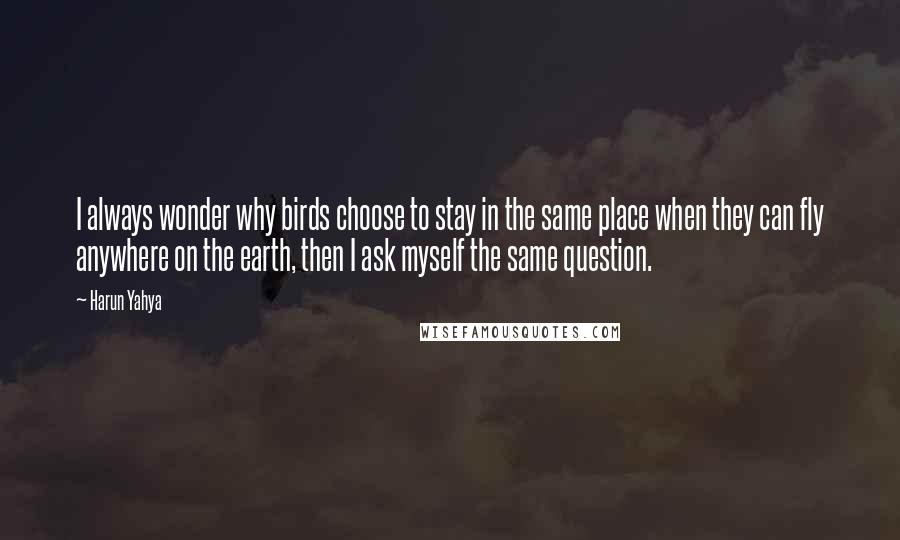 Harun Yahya Quotes: I always wonder why birds choose to stay in the same place when they can fly anywhere on the earth, then I ask myself the same question.