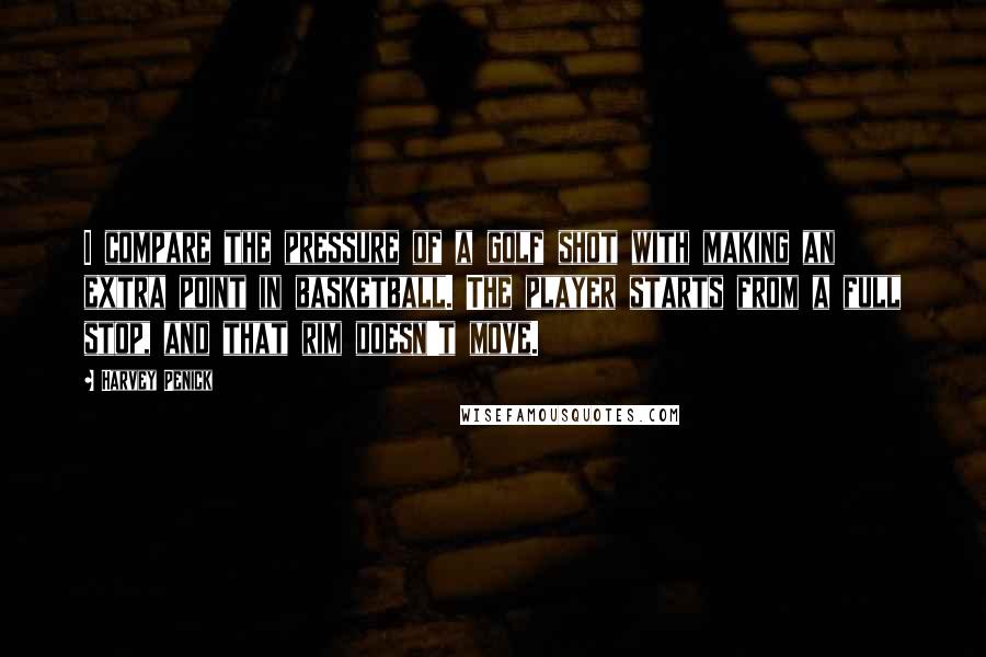 Harvey Penick Quotes: I compare the pressure of a golf shot with making an extra point in basketball. The player starts from a full stop, and that rim doesn't move.