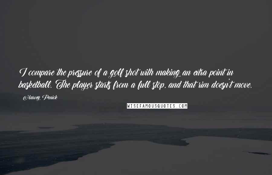 Harvey Penick Quotes: I compare the pressure of a golf shot with making an extra point in basketball. The player starts from a full stop, and that rim doesn't move.