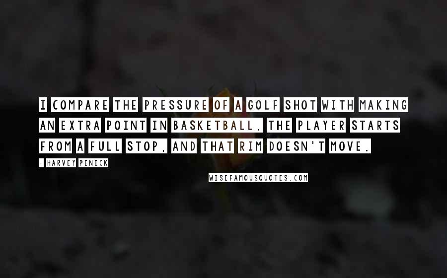 Harvey Penick Quotes: I compare the pressure of a golf shot with making an extra point in basketball. The player starts from a full stop, and that rim doesn't move.