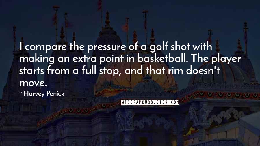 Harvey Penick Quotes: I compare the pressure of a golf shot with making an extra point in basketball. The player starts from a full stop, and that rim doesn't move.