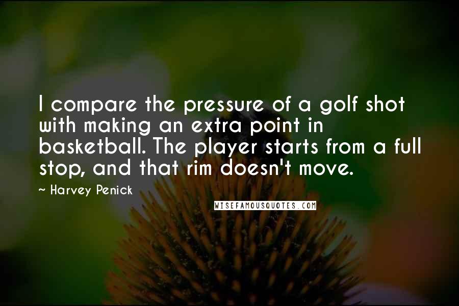 Harvey Penick Quotes: I compare the pressure of a golf shot with making an extra point in basketball. The player starts from a full stop, and that rim doesn't move.