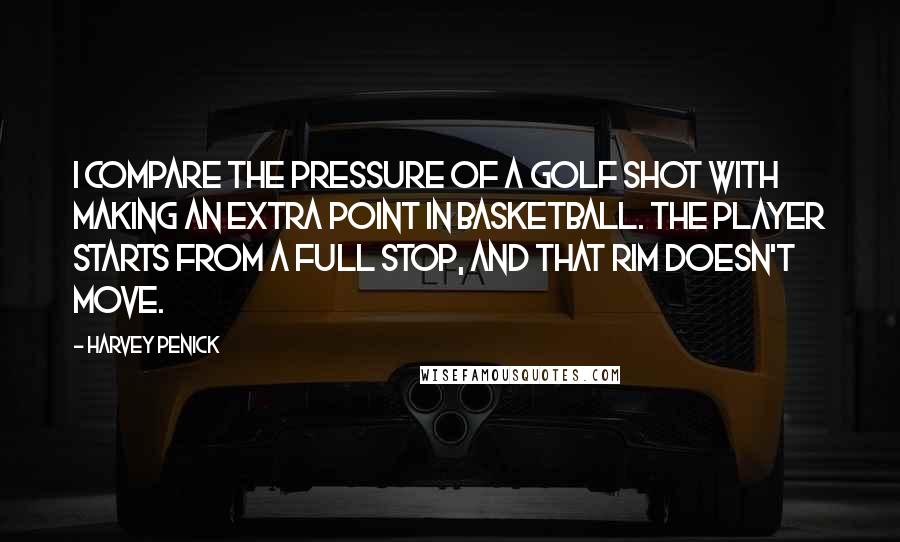 Harvey Penick Quotes: I compare the pressure of a golf shot with making an extra point in basketball. The player starts from a full stop, and that rim doesn't move.