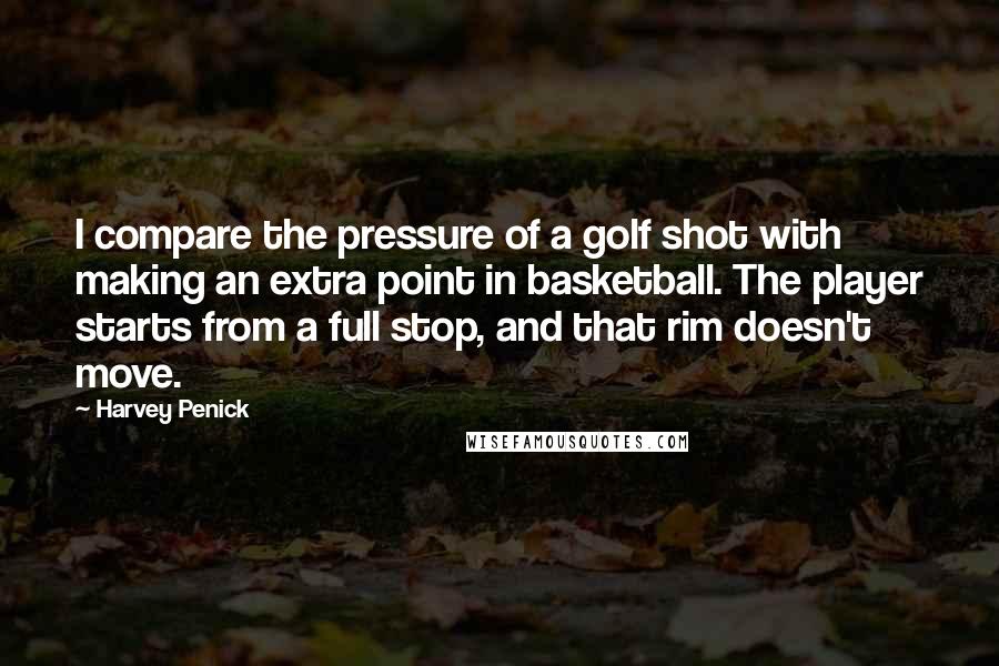 Harvey Penick Quotes: I compare the pressure of a golf shot with making an extra point in basketball. The player starts from a full stop, and that rim doesn't move.