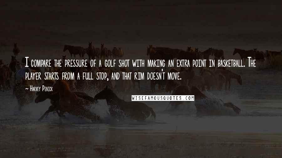 Harvey Penick Quotes: I compare the pressure of a golf shot with making an extra point in basketball. The player starts from a full stop, and that rim doesn't move.