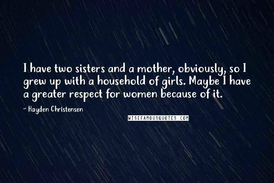 Hayden Christensen Quotes: I have two sisters and a mother, obviously, so I grew up with a household of girls. Maybe I have a greater respect for women because of it.