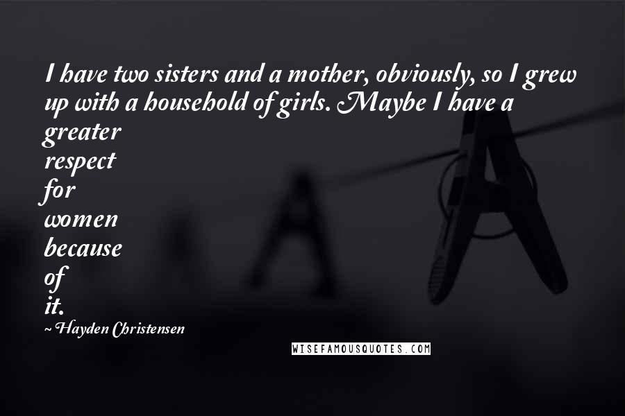 Hayden Christensen Quotes: I have two sisters and a mother, obviously, so I grew up with a household of girls. Maybe I have a greater respect for women because of it.