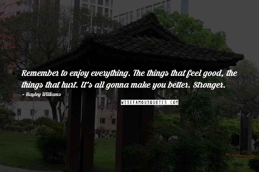 Hayley Williams Quotes: Remember to enjoy everything. The things that feel good, the things that hurt. It's all gonna make you better. Stronger.