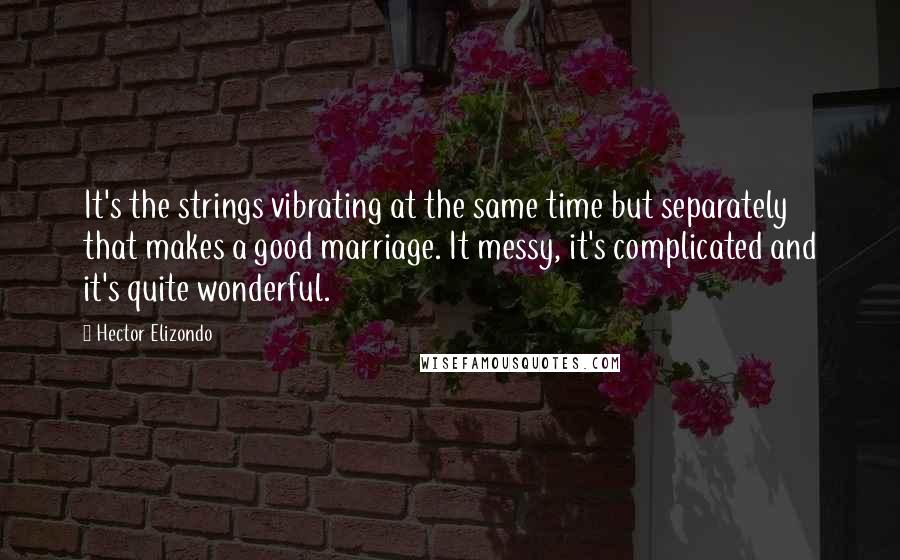 Hector Elizondo Quotes: It's the strings vibrating at the same time but separately that makes a good marriage. It messy, it's complicated and it's quite wonderful.