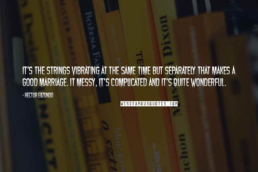 Hector Elizondo Quotes: It's the strings vibrating at the same time but separately that makes a good marriage. It messy, it's complicated and it's quite wonderful.