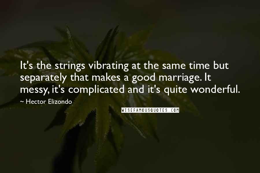 Hector Elizondo Quotes: It's the strings vibrating at the same time but separately that makes a good marriage. It messy, it's complicated and it's quite wonderful.