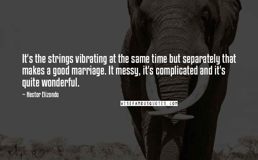 Hector Elizondo Quotes: It's the strings vibrating at the same time but separately that makes a good marriage. It messy, it's complicated and it's quite wonderful.