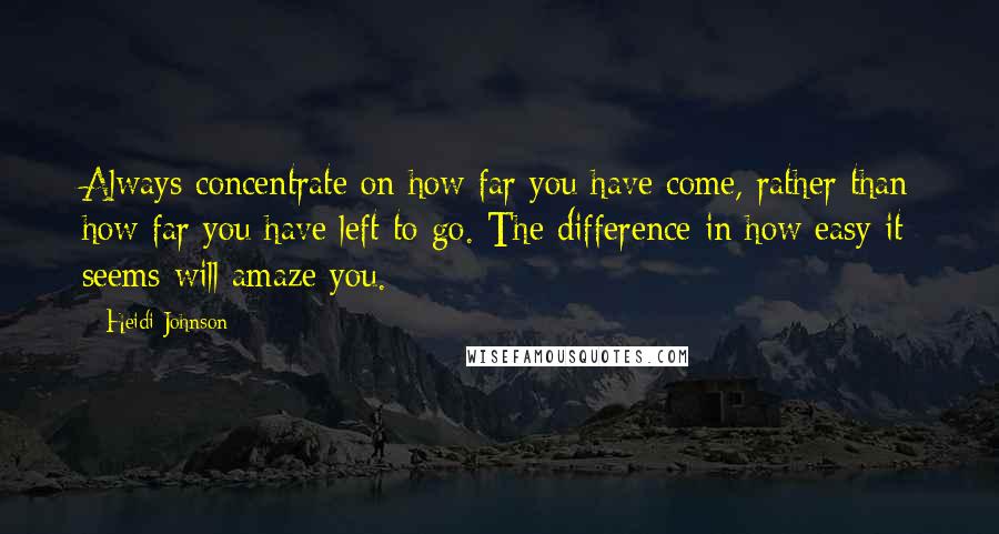 Heidi Johnson Quotes: Always concentrate on how far you have come, rather than how far you have left to go. The difference in how easy it seems will amaze you.