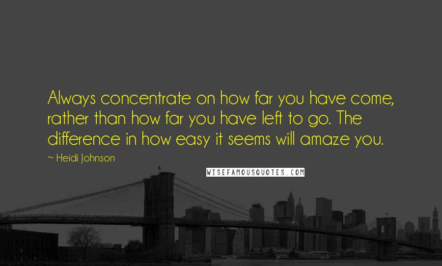 Heidi Johnson Quotes: Always concentrate on how far you have come, rather than how far you have left to go. The difference in how easy it seems will amaze you.