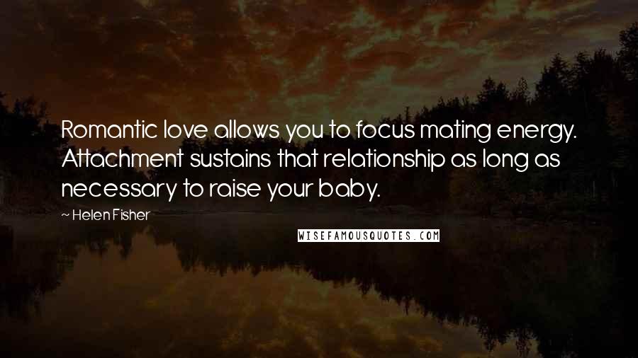 Helen Fisher Quotes: Romantic love allows you to focus mating energy. Attachment sustains that relationship as long as necessary to raise your baby.