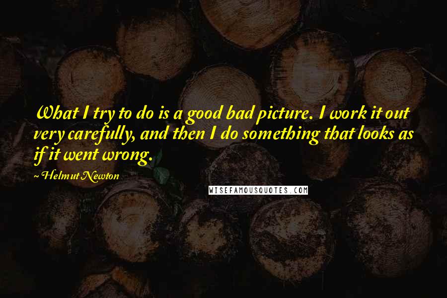 Helmut Newton Quotes: What I try to do is a good bad picture. I work it out very carefully, and then I do something that looks as if it went wrong.