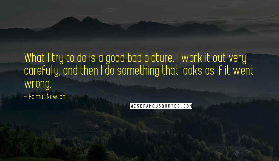 Helmut Newton Quotes: What I try to do is a good bad picture. I work it out very carefully, and then I do something that looks as if it went wrong.