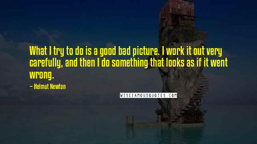 Helmut Newton Quotes: What I try to do is a good bad picture. I work it out very carefully, and then I do something that looks as if it went wrong.