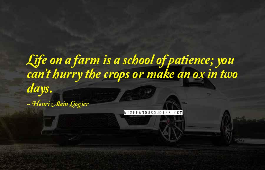 Henri Alain Liogier Quotes: Life on a farm is a school of patience; you can't hurry the crops or make an ox in two days.