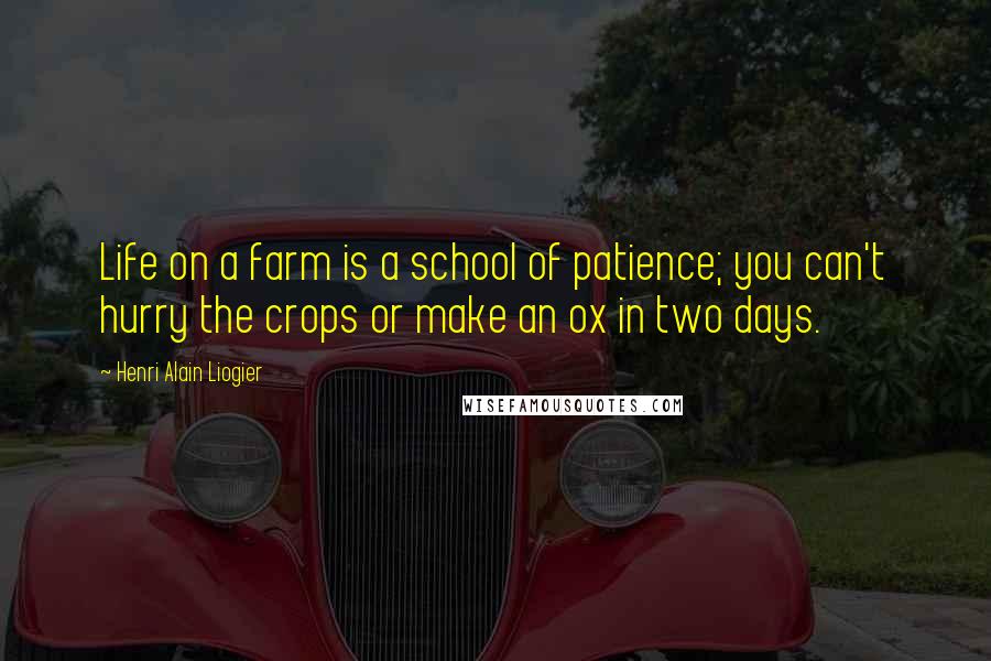 Henri Alain Liogier Quotes: Life on a farm is a school of patience; you can't hurry the crops or make an ox in two days.