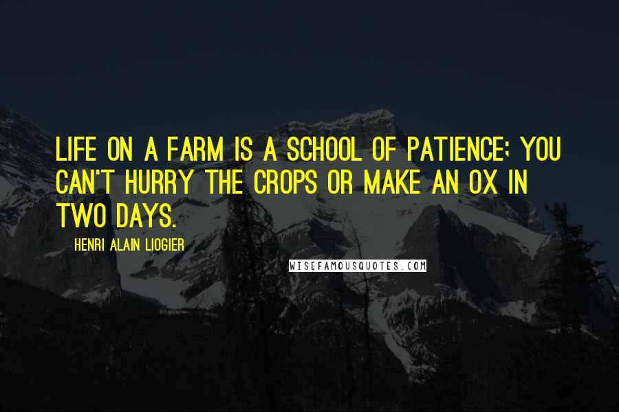 Henri Alain Liogier Quotes: Life on a farm is a school of patience; you can't hurry the crops or make an ox in two days.