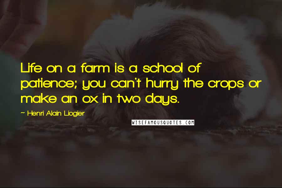 Henri Alain Liogier Quotes: Life on a farm is a school of patience; you can't hurry the crops or make an ox in two days.
