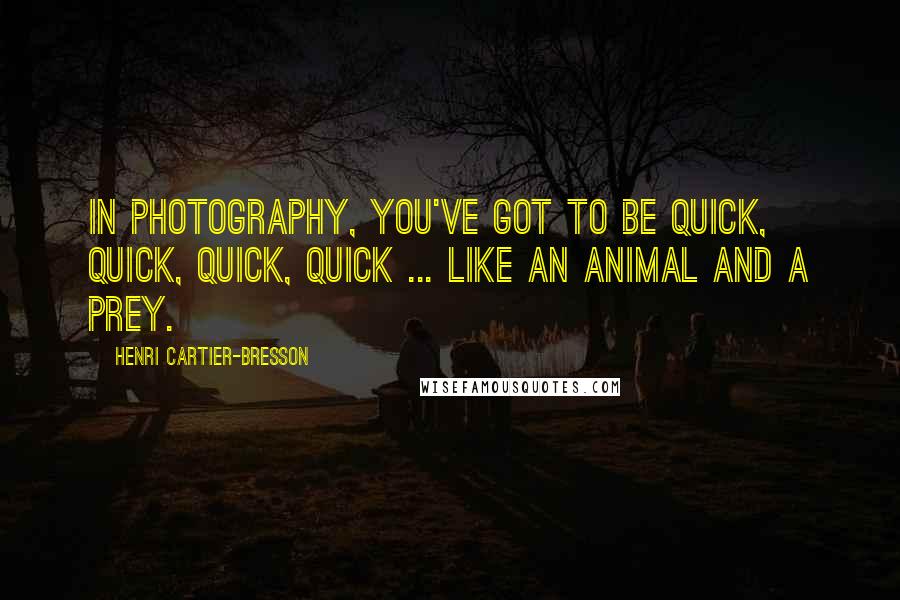 Henri Cartier-Bresson Quotes: In photography, you've got to be quick, quick, quick, quick ... Like an animal and a prey.