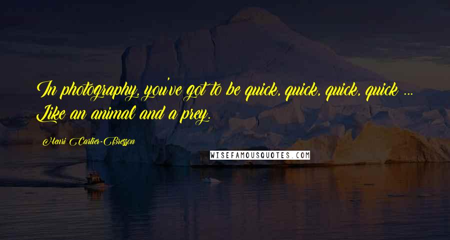 Henri Cartier-Bresson Quotes: In photography, you've got to be quick, quick, quick, quick ... Like an animal and a prey.