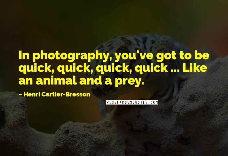 Henri Cartier-Bresson Quotes: In photography, you've got to be quick, quick, quick, quick ... Like an animal and a prey.