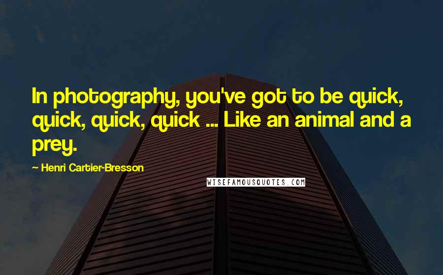 Henri Cartier-Bresson Quotes: In photography, you've got to be quick, quick, quick, quick ... Like an animal and a prey.