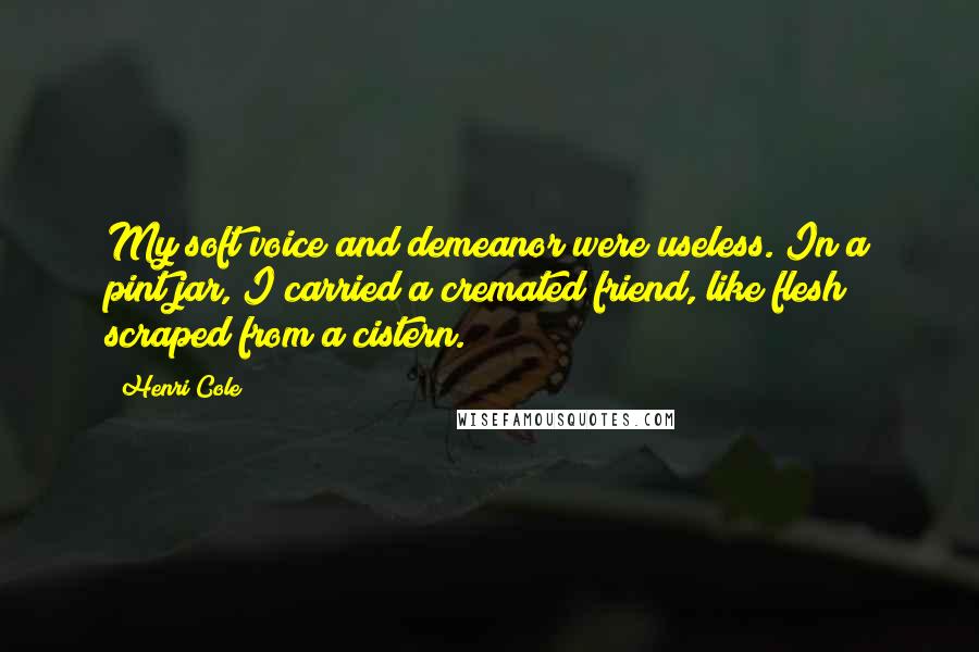 Henri Cole Quotes: My soft voice and demeanor were useless. In a pint jar, I carried a cremated friend, like flesh scraped from a cistern.