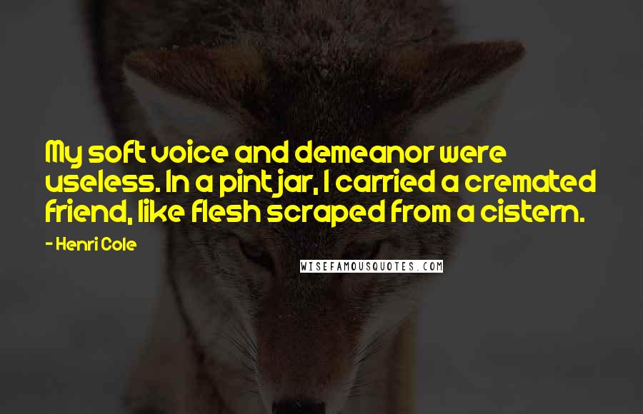 Henri Cole Quotes: My soft voice and demeanor were useless. In a pint jar, I carried a cremated friend, like flesh scraped from a cistern.