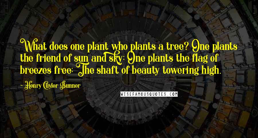 Henry Cuyler Bunner Quotes: What does one plant who plants a tree? One plants the friend of sun and sky; One plants the flag of breezes free; The shaft of beauty towering high.