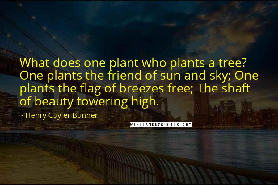 Henry Cuyler Bunner Quotes: What does one plant who plants a tree? One plants the friend of sun and sky; One plants the flag of breezes free; The shaft of beauty towering high.
