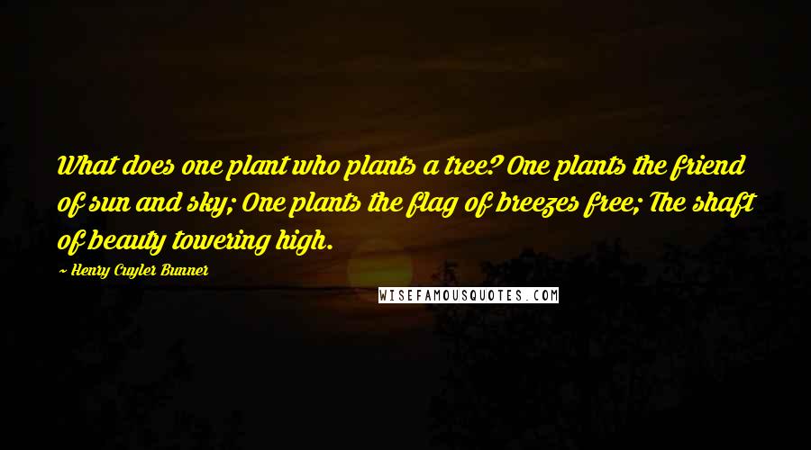 Henry Cuyler Bunner Quotes: What does one plant who plants a tree? One plants the friend of sun and sky; One plants the flag of breezes free; The shaft of beauty towering high.