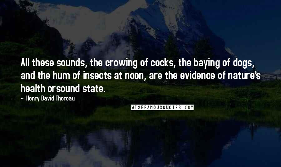 Henry David Thoreau Quotes: All these sounds, the crowing of cocks, the baying of dogs, and the hum of insects at noon, are the evidence of nature's health orsound state.