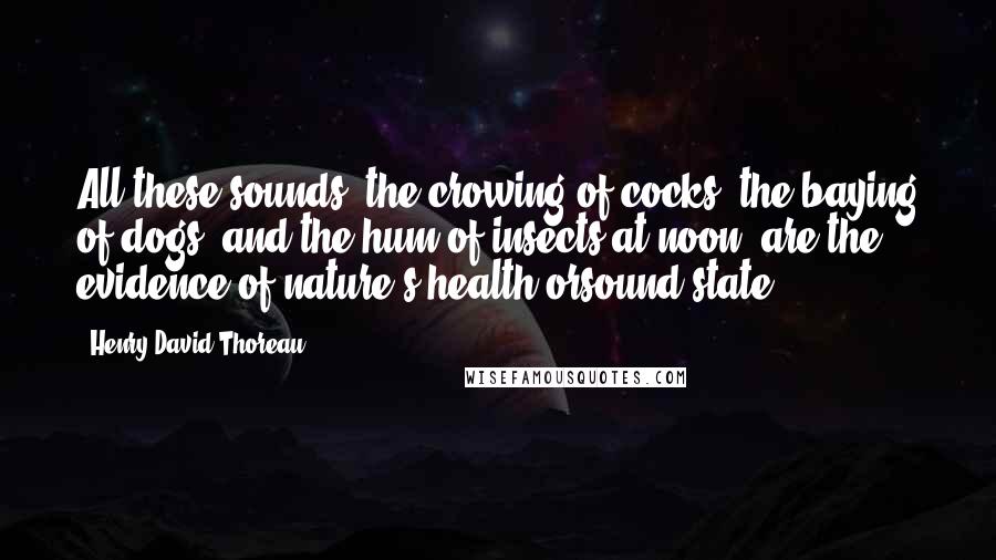 Henry David Thoreau Quotes: All these sounds, the crowing of cocks, the baying of dogs, and the hum of insects at noon, are the evidence of nature's health orsound state.