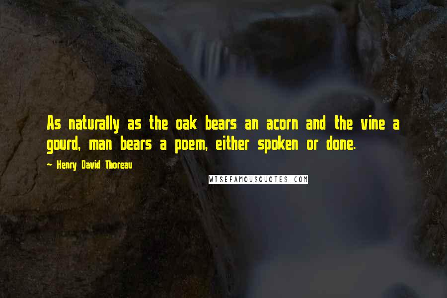 Henry David Thoreau Quotes: As naturally as the oak bears an acorn and the vine a gourd, man bears a poem, either spoken or done.