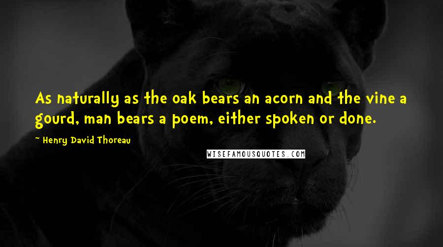 Henry David Thoreau Quotes: As naturally as the oak bears an acorn and the vine a gourd, man bears a poem, either spoken or done.