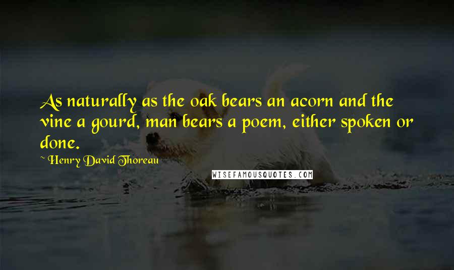 Henry David Thoreau Quotes: As naturally as the oak bears an acorn and the vine a gourd, man bears a poem, either spoken or done.