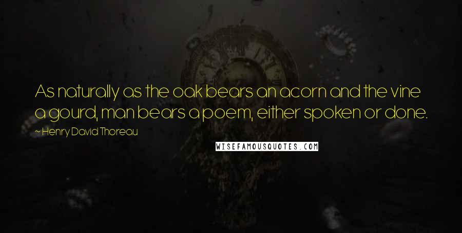 Henry David Thoreau Quotes: As naturally as the oak bears an acorn and the vine a gourd, man bears a poem, either spoken or done.