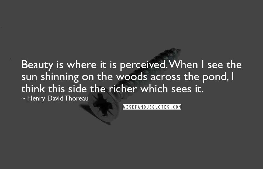 Henry David Thoreau Quotes: Beauty is where it is perceived. When I see the sun shinning on the woods across the pond, I think this side the richer which sees it.