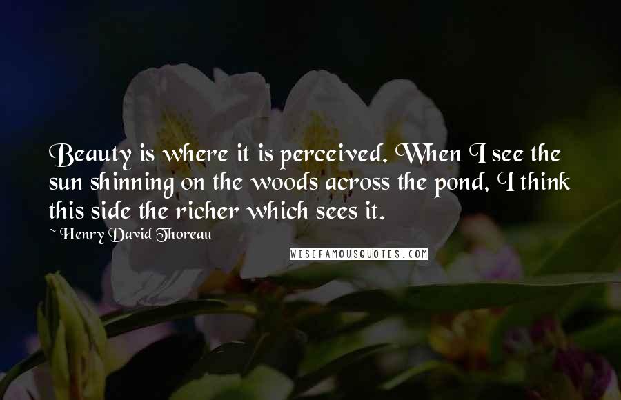 Henry David Thoreau Quotes: Beauty is where it is perceived. When I see the sun shinning on the woods across the pond, I think this side the richer which sees it.