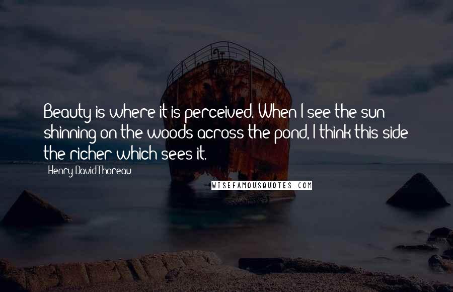 Henry David Thoreau Quotes: Beauty is where it is perceived. When I see the sun shinning on the woods across the pond, I think this side the richer which sees it.