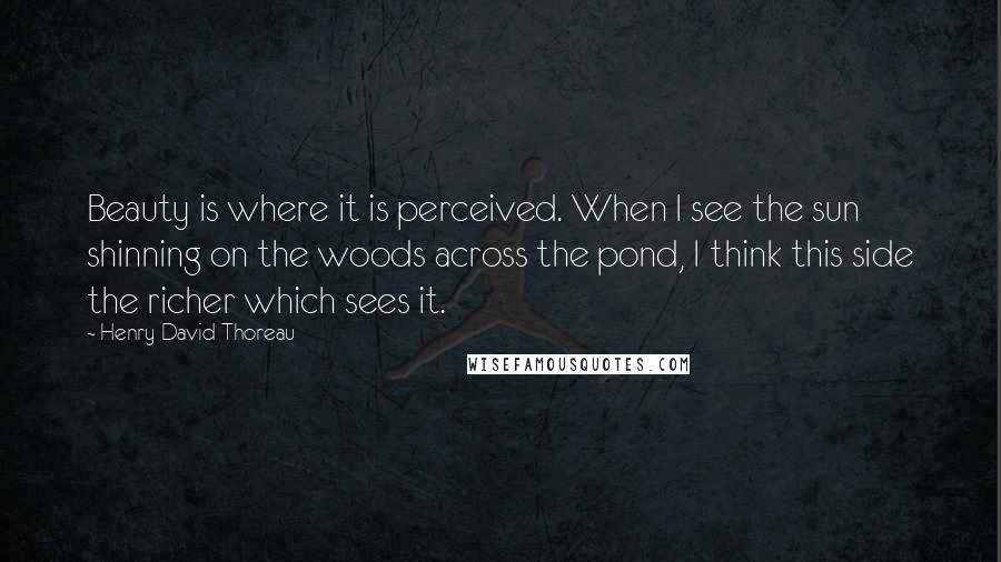 Henry David Thoreau Quotes: Beauty is where it is perceived. When I see the sun shinning on the woods across the pond, I think this side the richer which sees it.